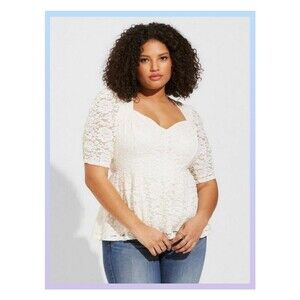 NWT Torrid 4X Pristine Ivory White Stretch Lace Cinched Elbow Sleeve Peplum Top